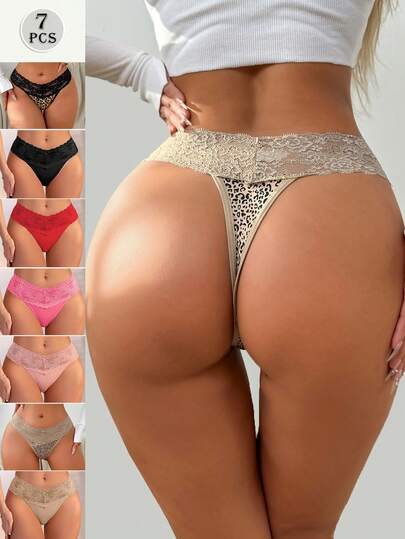 Calcinha fio dental com estampa de leopardo, roupa íntima feminina com costas em T, cor sólida, cintura baixa, sexy, simples, contrastante, floral, renda (7 unidades/pacote)