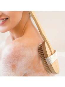 1 szt. Wysokiej jakości długa rączka drewniana szczotka prysznicowa, szczotka do kąpieli, naturalne włosie, wyjmowana do masażu pleców i złuszczania, idealna do złuszczania suchej skóry i masażu ciała, wyjmowana konstrukcja, ergonomiczna konstrukcja, gładka i promienna skóra, bez zapachu, nie wymaga baterii - Wielokolorowe - Zobacz 3