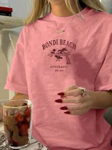 Camiseta de manga corta de verano para mujer con estampado casual y sencillo de la playa Bondi de Australia, tops casuales de uso diario y estilo callejero para el verano, camisetas lindas para la playa, tops de verano para mujer, tops para salir en verano
