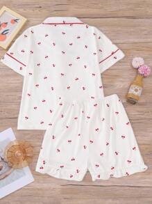 2 piezas Conjunto de pijama de manga corta para niños, nuevo estilo de verano cárdigan abierto con estampado de cerezas abstractas y lindas para niñas ropa de dormir y de estar por casa, adecuado para niñas