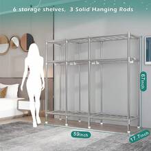 43Inch Portable Wardrobe Closet Storage Organizer For Bedroom, 23MM Thick Steel Hanging Rack With Polyester/Cotton Fabric Cover Moonlight Grey - 紫色 - 查看 11