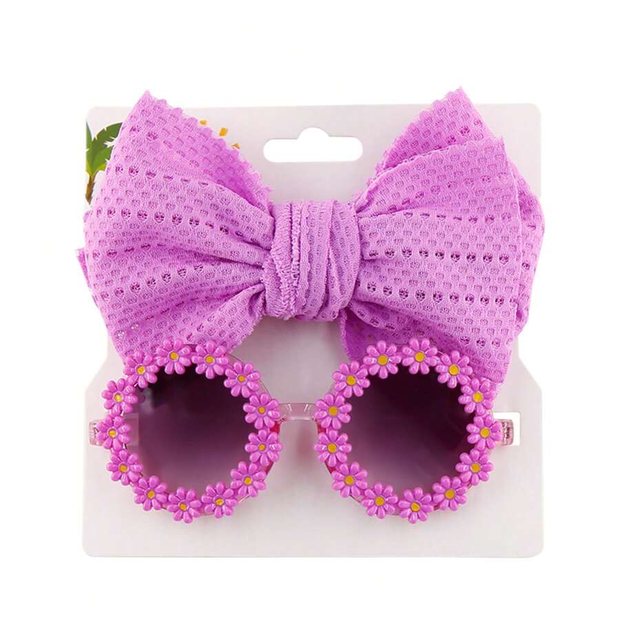Kids Sunglasses Flower And Headbands For Baby Girls Toddler Sunglasses Sunflower Decor Anti-UV Sunglasses Matching Elastic Hollow Bow Hair Band For Boys Girls - 紫色 - 查看 1