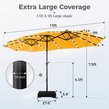 15ft Extra Large Outdoor Patio Double-Sided Umbrella With LED Solar Lights & Umbrella Base, Beige - Gold Yellow - View 6