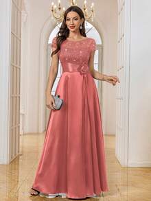 MIUSOL Sequin Floral Lace Colorblock Satin Ruffle Hem Formal Party Maxi Dress - Dusty Pink - View 4