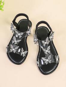 1 Paar Modische Sandalen für Mädchen in Große Größen, Schwarz, mit Glitzer-Strass-Schmetterling-Dekor, elastischem Knöchelriemen, runder Zehenpartie, flache rutschfeste hübsche römische Sandalen, geeignet für Mädchen von 3-15 Jahren für Alltag, Party, Reise, Sommer - Schwarz - Übersicht 3