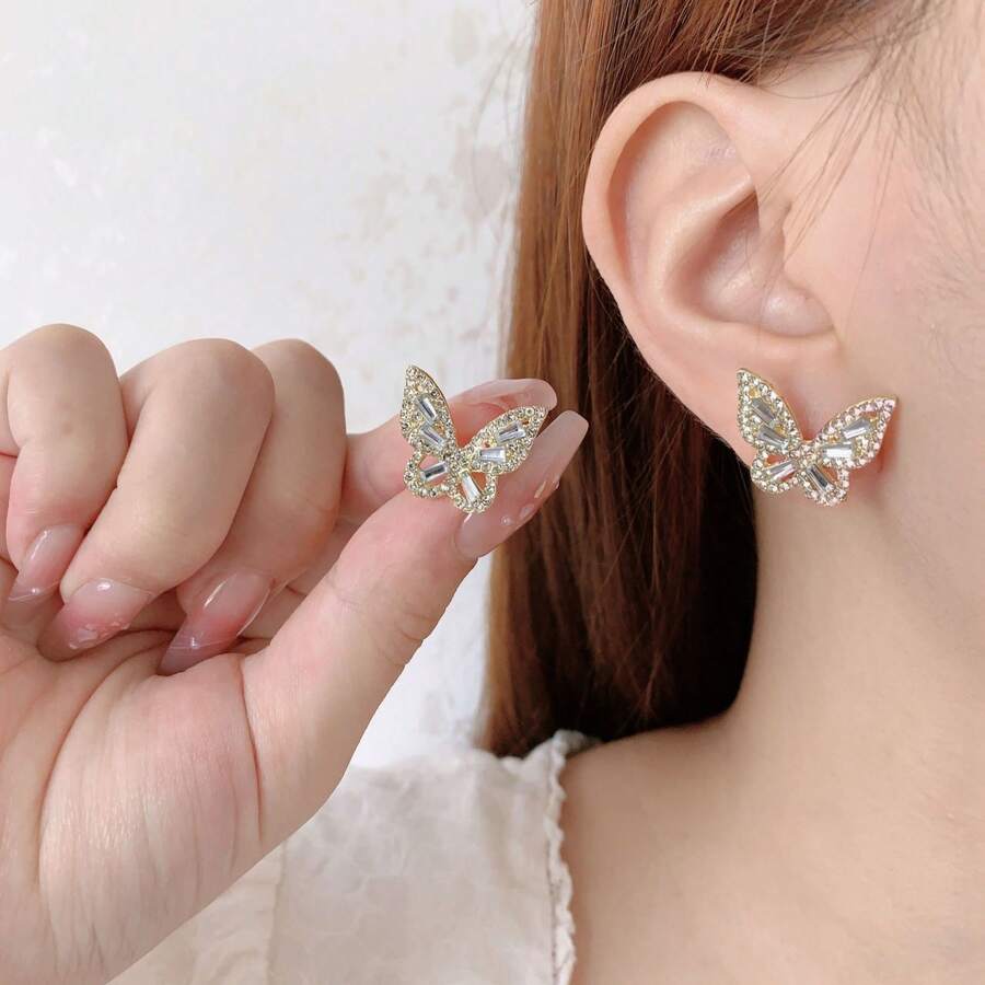 1 Pair Fashion Rhinestone Butterfly Stud Earrings, Versatile Accessory - Yellow Gold - View 1