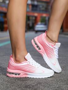 Women's Shoes Women's Color-Splitting Gradient Knitted Lace-Up Cushion Running Shoes, Comfortable Breathable Shock-Absorbing Outdoor Running Shoes, Suitable For Outdoor Sports, Jogging And Fitness, Walking - Pink - View 4