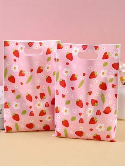 50Pcs Strawberry Daisy Pattern Gift Bags, Red Strawberry & Green Leaf Plastic Favor Bags, Multi-Purpose Gift Wrapping Supplies For Family Gatherings Birthday & Wedding