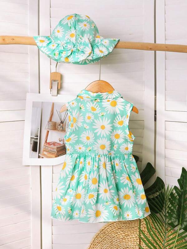2pcs/Set Baby Girl Outfit, 0-24 Months, Grass Green Sunflower Romper, Bow Sun Hat, Summer Baby