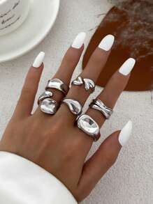 6pcs/Set Vintage Minimalist Alloy Molten Lava Teardrop Design Open Rings, Asymmetrical Fashionable Thick Metal Gold Tone Ring Set, Suitable For Women's Daily Commute, Holiday Gifts, Party Decoration, Charming Jewelry Gift Set
