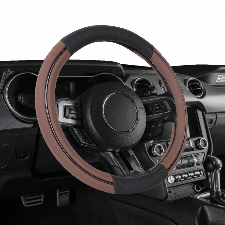 Cubierta para volante de fibra de carbono y piel sintética marrón, set de 1, ajuste universal para sedanes y SUV - Marrón - Ver 1