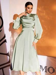 Green Long Sleeve Stand Collar Polyester Maxi Evening Dress - Green - View 7