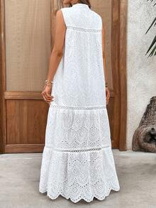 Women's Elegant Vacation Casual Everyday Solid Color Hollow Laser Cut Embroidery Splice Fringe Sleeveless V-Neck Layered Maxi Dress, Summer