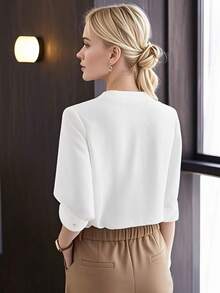 女士白色七分袖衬衫，修身款，薄款，圆领衬衫，2025 年夏季新品 - 白色 - 查看 2