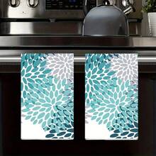 1 件/2 件花卉厨房毛巾，柔软吸水，可机洗涤纶洗碗布，耐擦洗，蓝绿色/青绿色/灰色花卉图案，非常适合厨房装饰、烹饪、烘焙、节日装饰和浴室必需品、餐桌装饰、厨房用品、家居装饰、新房浴室乔迁礼物、厨房毛巾