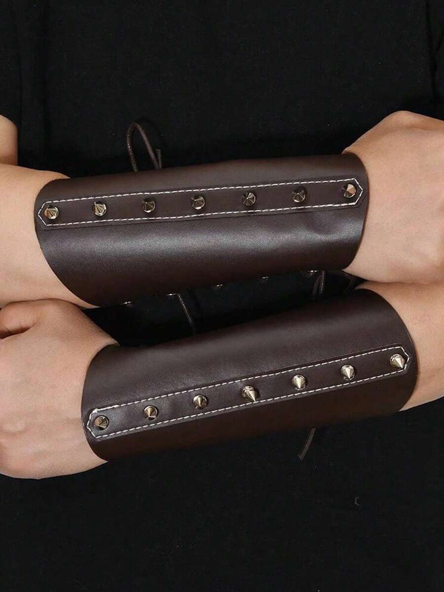 1pc Medieval Knight Style PU Leather Punk Rivet Wrist Guard, Riding Arm Sleeve Cosplay Accessory - Many - View 1