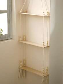 1 pièce d'étagère murale de style bohème tressée à la main - étagère murale flottante en bois avec perles en bois, convient pour la décoration de style ferme, étagère suspendue vintage pour la chambre, le salon, la chambre d'enfant, pour tenir des plantes en pot, vases, cristaux, quartz, décorations