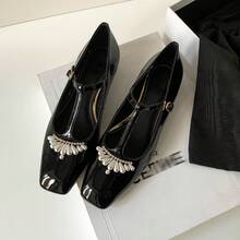 Scarpe da donna con punta quadrata, cinturino a T con perline francesi, tacco basso, Mary Jane, bocca piatta, temperamento gentile - Beige - Visualizzare 5