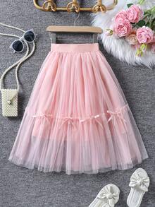 Pink Princess Tutu Skirt For Girls - Mid-Length Summer Tulle Skirt With Bow Detail, Fluffy Mesh Layers, And Elastic Waistband - Perfect For Parties, Performances & Casual Outings, Party Wear Skirt | Fluffy Tulle Skirt | Stylish Youngsters's Wear - Pink - View 1