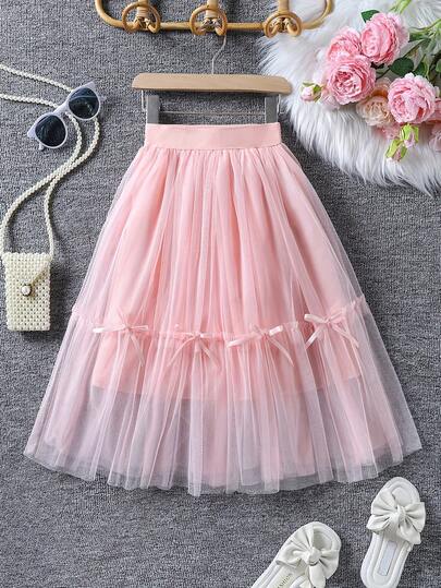 Pink Princess Tutu Skirt For Girls - Mid-Length Summer Tulle Skirt With Bow Detail, Fluffy Mesh Layers, And Elastic Waistband - Perfect For Parties, Performances & Casual Outings, Party Wear Skirt | Fluffy Tulle Skirt | Stylish Youngsters's Wear