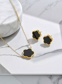 Conjunto de 3 peças de colar e brincos banhados a ouro e aço inoxidável, combinação de flor preta, design de estilo vintage moderno e versátil para homens, mulheres, casais, uso diário e festas