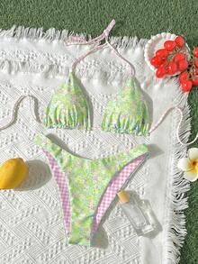 女士印花比基尼泳装及沙滩套装，黄色格子图案，夏季度假套装 粉色 - 粉色 - 查看 5