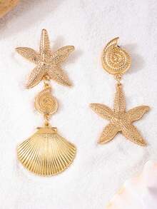 一对不对称贝壳和海星设计耳环，女士海洋度假风格