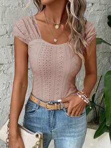 Womens Square Neck Tank Top Eyelet Cap Sleeve Slim Fit Backless Tee Going Out Summer Tops