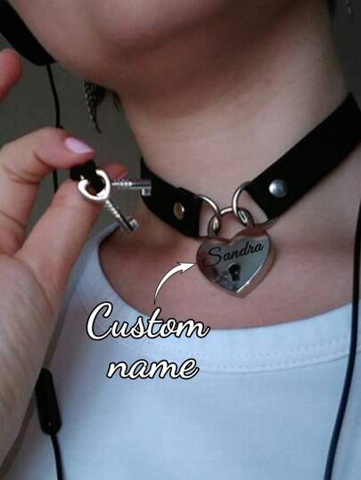 1pc Silver Heart Lock Pendant On Black Leather Collar, Customized Couple Bondage Strap, Festival/Birthday/Anniversary Gift Customized Collar