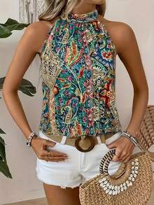 Bohemian Style Backless Top, Lightweight Polyester Women's Backless Blouse With Paisley Pattern, Sleeveless, Suitable For Casual Outings In Spring, Summer And Autumn