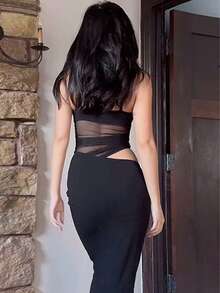 Vestido camiseta de mujer de unicolor con parches de malla sensual