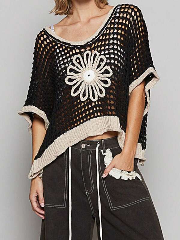 Women Floral Crochet Sweater Short Sleeve Crewneck Hollow Out Lightweight Oversized Knit Pullover Tops Summer Beach Cover Ups