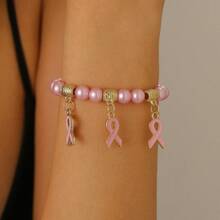 Elegant Ribbon Pendant Beaded Bracelet, Fashionable Women's Jewelry Accessories, Breast Cancer Awareness And Memorial Gift - Multicolor - View 4