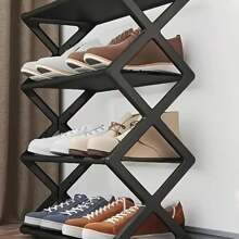 1pc Space-Saving Stackable & Foldable Plastic Shoe Rack, 4-Tier, For Entryway, Hallway, Bedroom And Dorm, Black X Design, No Assembly Required
