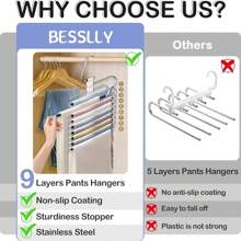 9 Layers Pants Hangers Space Saving, 2 Packs Multifunctional Pants Rack Stainless Steel Closet Organizer For Pants Jeans Leggings Trousers, Antiquewhite