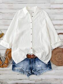 EARO 时尚女士宽松休闲衬衫，简约设计，修身舒适 - 白色 - 查看 2