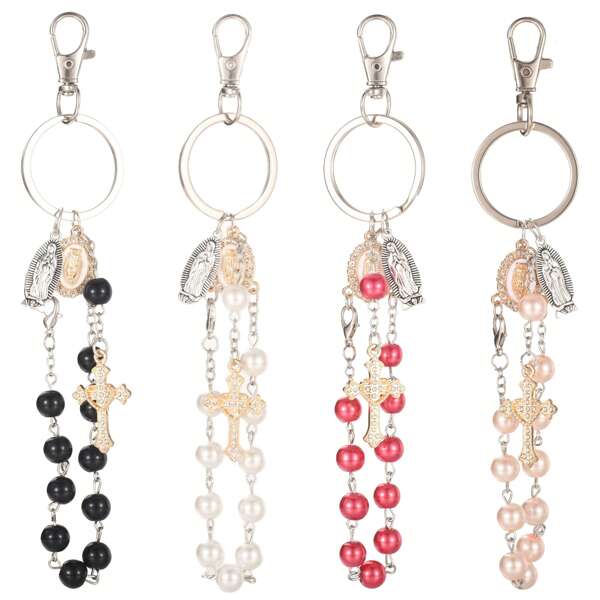1pc Classic Glass & Resin Beaded Rosary Crucifix Virgin Mary Pendant Keychain, Suitable For Bag Decor Or Gifting To Family And Friends Backpack For School