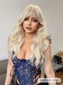 1-Piece Synthetic Heat Resistant Long Curly Wavy Hair With Bangs Wig Golden 24 Inch Fully Machine Woven Daily Natural Realistic Wig