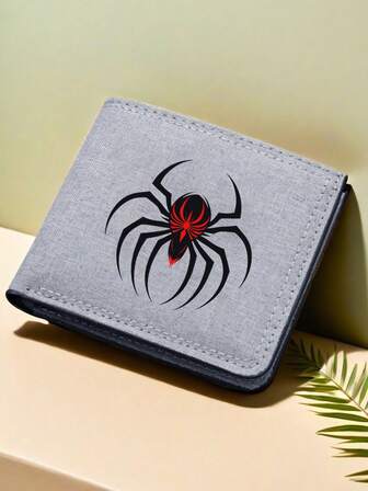 1 pieza Cartera plegable de lona con estampado de araña, cartera corta de negocios casual de moda con ranuras para tarjetas, regalo creativo