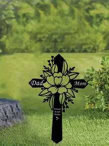 1pc Dad And Mom Memorial Garden Stake, Outdoor Cemetery Decoration Metal Sign With Heart-Shaped And Flowers Design - Black - View 7