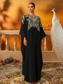 Rochie Kaftan musulmană neagră brodată cu detalii cu mărgele aurii, rochie Abaya modestă cu mânecă lungă pentru femei, Jalabiya formală pentru Eid, nuntă și evenimente de Ramadan - Negru - Vizualizare 10