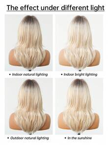 20英寸金色渐变卷发假发，带刘海，耐热合成假发，优雅直发造型，适合女性日常佩戴、派对和角色扮演 - 挑染金色 - 查看 10