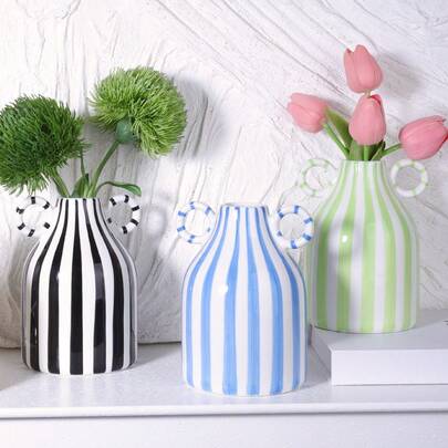 1个手绘条纹陶瓷花瓶 - 乡村风格桌面装饰，适用于家居、活动、婚礼、厨房、办公室、花园、生日、周年纪念、返校装饰、文具、花瓶、玻璃花瓶