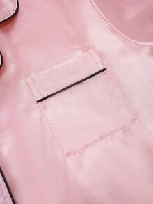 2pcs/Set Plus Size Women's Solid Color Icy Silk Satin Pajama Set, Spring/Summer High-End Luxurious Cool Silky Comfortable Sleepwear Outfit - Short Sleeve Lapel Top & Bow Shorts - Coral Pink - View 3