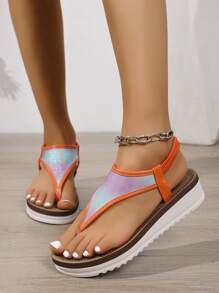 1 Pair Fashionable Colorful Summer Flip Flops, Elastic Band, Slip On Beach Sandals For Women