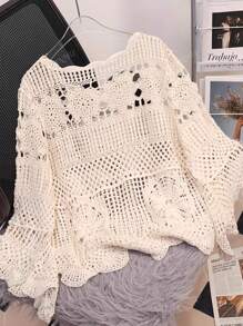 JIANHU Boho Crochet Hollow Knit Blouse – Spring Fall Lightweight Sweater Top, Vintage Loose Fit Pullover For Layered Casual Outfits