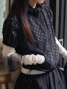 Korean Style Retro Polka Dot Stand Collar Zipper Short Sleeve Sun Protection Top Black Summer - Black - View 2