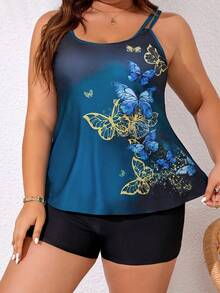 Conjunto de bikini con estampado de mariposa para mujer talla grande, traje de baño para playa y resort, 2 piezas - Azul - Ver 1
