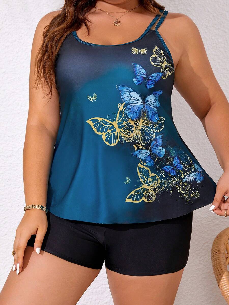 Conjunto de bikini con estampado de mariposa para mujer talla grande, traje de baño para playa y resort, 2 piezas - Azul - Ver 1
