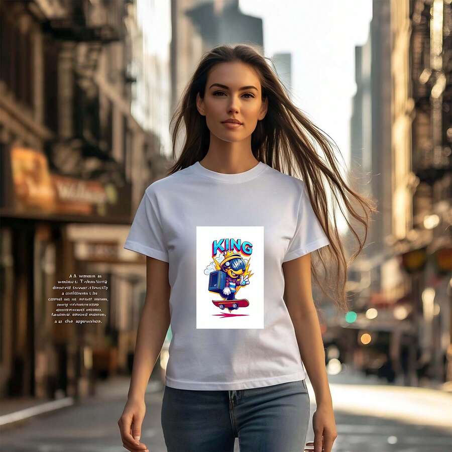 Unisex Cotton T - Shirt Set With Cartoon Character "KING" - Skateboarding Pattern,  And Lively Style, Ideal For Young People To Show Youthful Vigor And  Attitude - White - View 1